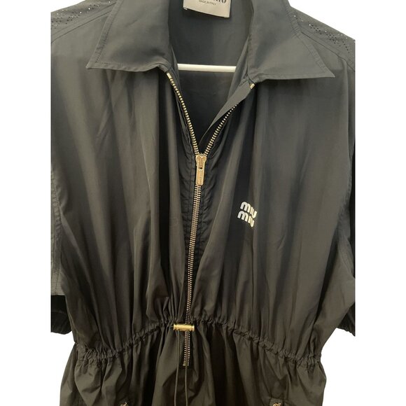 Miu Miu Black Nylon Short-Sleeve Jacket With Gold Zipper Details & Adjustable Wa - Picture 3 of 12